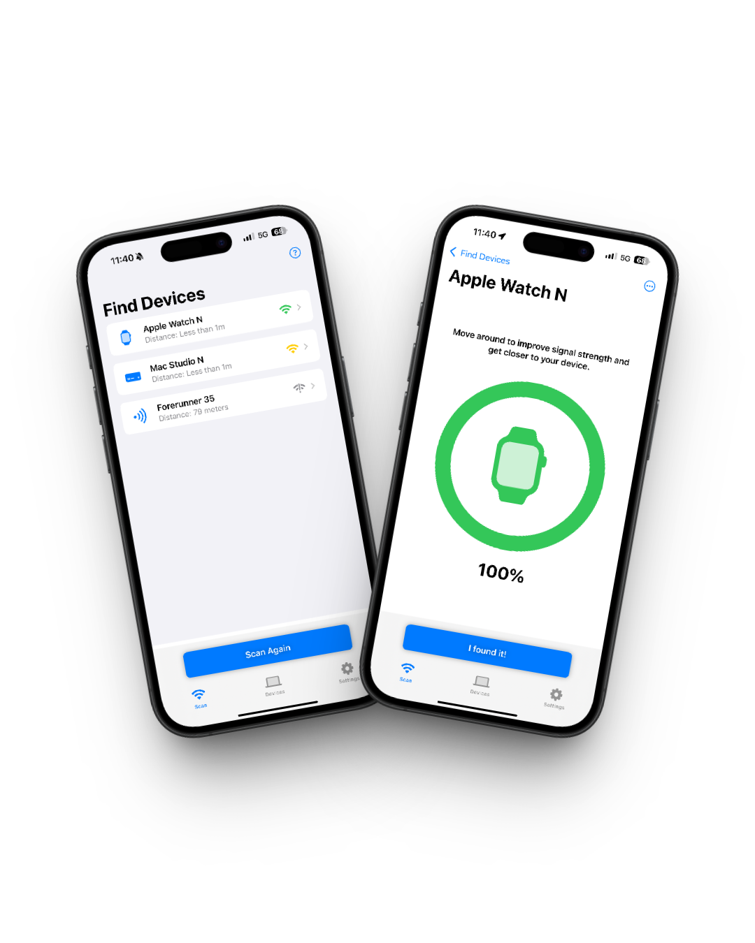 BlueScan app interface showing detected Bluetooth devices